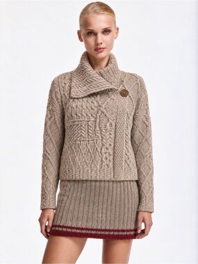 Carraig Donn Ireland Merino Wool Aran Patchwork Cable Knit Single Button Sweater